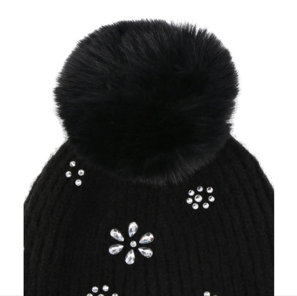 Madden NYC Flower Rhinestone Pom Hat and Touch Screen Gloves New - Picture 8 of 9